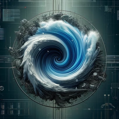 DALL·E 2024-04-04 14.49.00 - A visual metaphor for the test and fix cycle of doom in AI, depicted as a digital whirlpool in the center of the image, symbolizing chaos and comple